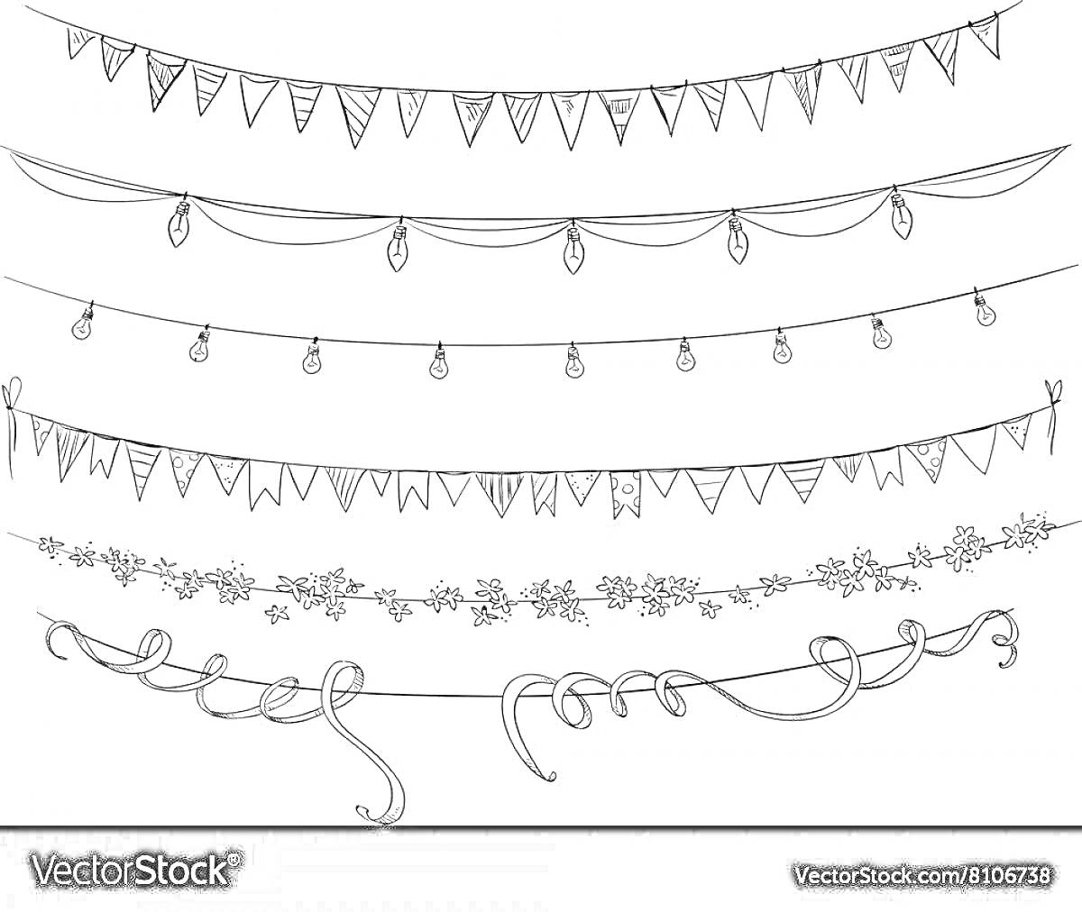 Раскраска Флажки на ниточке с элементами гирлянд, лампочек, снежинок и лент