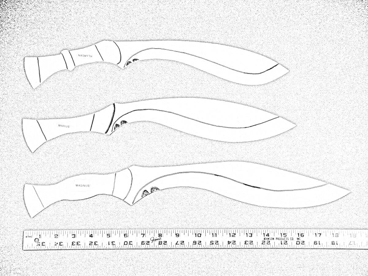 Раскраска Чертежи ножей кукри с разметкой длины