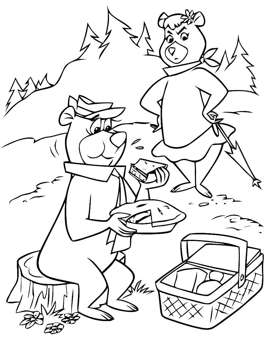 Раскраска Медведь Йоги с подругой на пикнике, гора, дерево, полянка, корзина с едой, раскрашка
