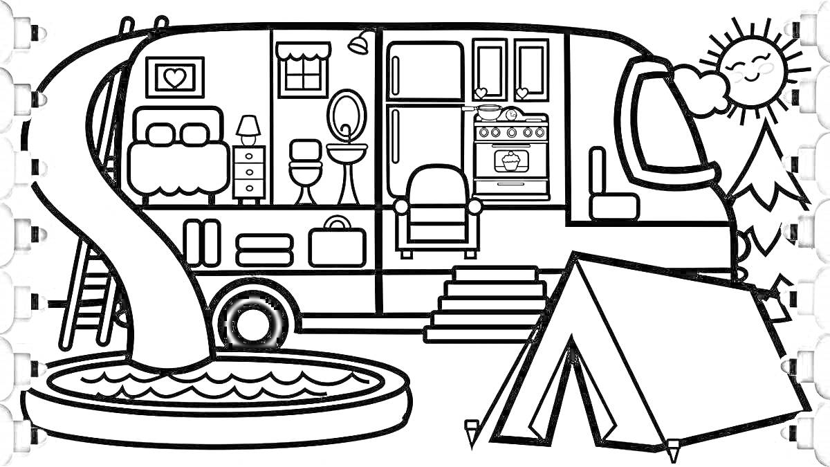 Раскраска Дом на колесах с кроватью, ванной, кухней, креслом, лесенкой, бассейном с горкой, палаткой, ярким солнцем и деревом