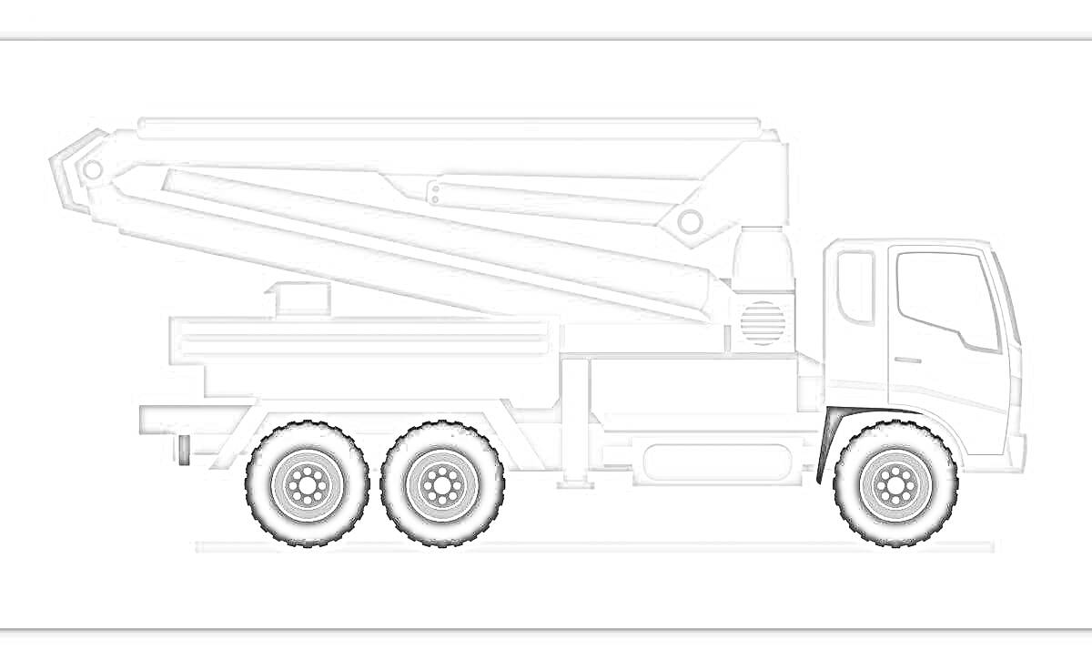 Раскраска Грузовик с бетононасосом, шасси грузовика, поворотная стрела, колеса, кабина водителя
