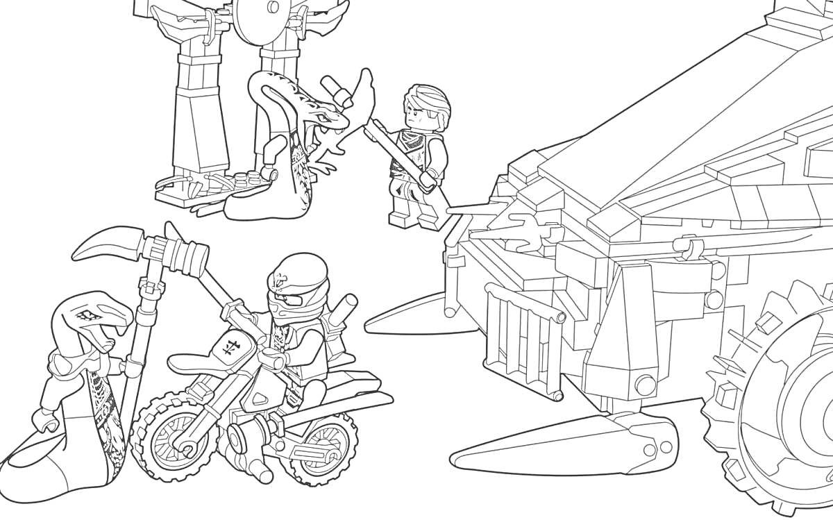 Ниндзяго сражение – ниндзя на байке, ниндзя с мечом, змееподобное существо с оружием, большой механический робот, автомобиль с шипами и большими колесами