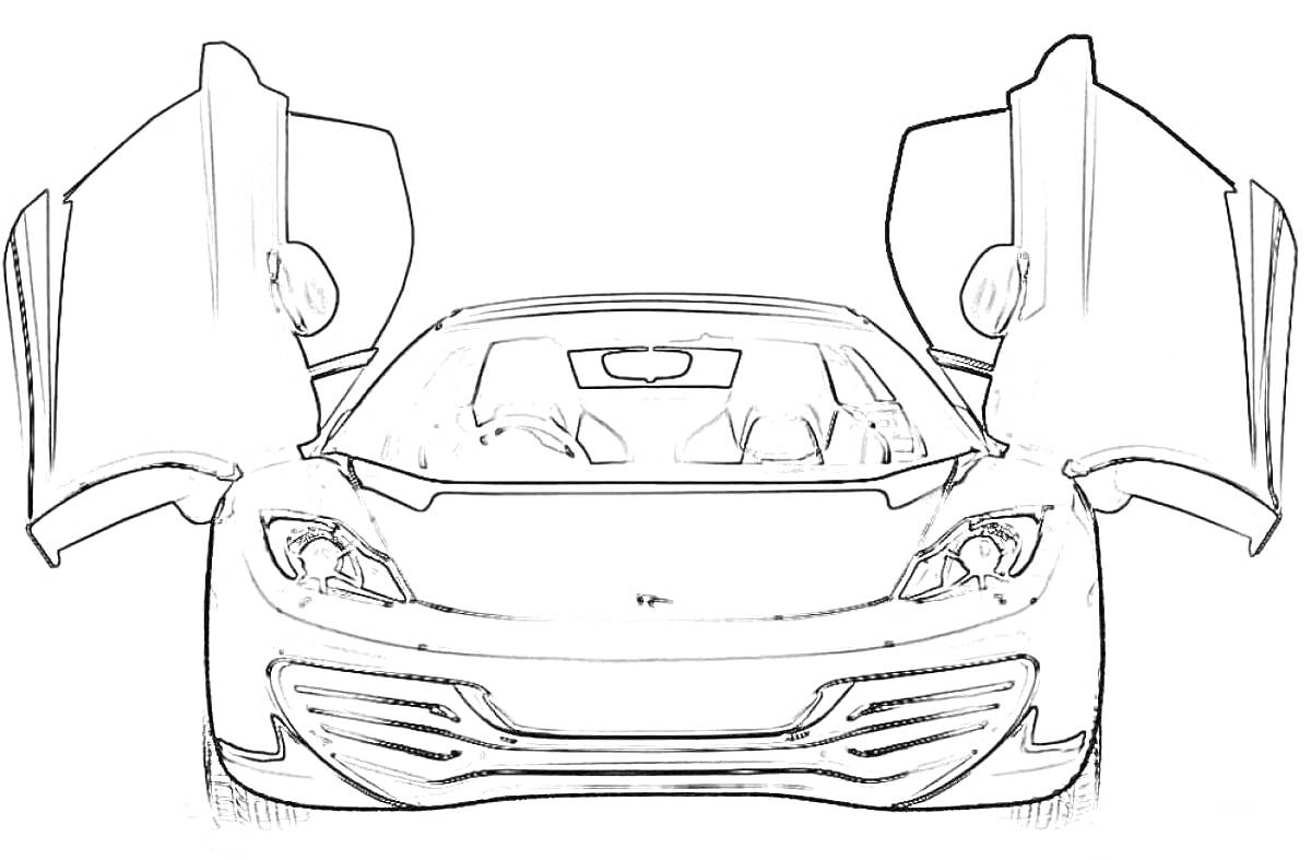 Раскраска Макларен с открытыми дверями, вид спереди