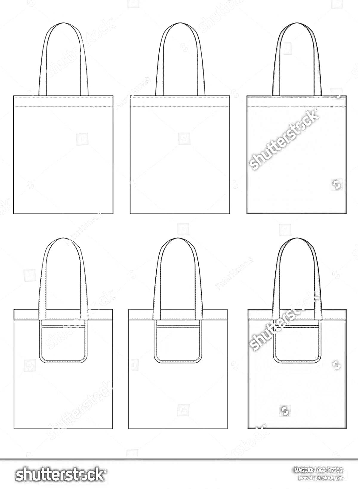 Шесть видов сумок шопперов: пустая белая, пустая белая с двумя ручками, черная с большой ручкой, белая с передним карманом и более короткими ручками, белая с передним карманом и дополнительным верхним карманом, черная с передним карманом и дополнительным 