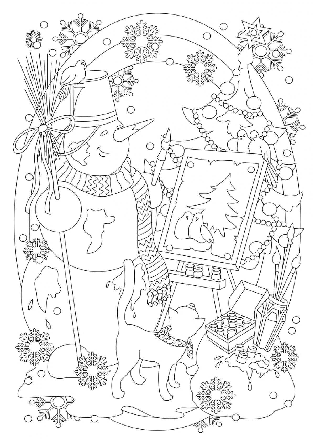 Раскраска Снеговик с кошкой у мольберта, рисует картину зимнего пейзажа с елкой и птицами, на фоне украшенной новогодней елки и подарков, с гирляндой и снежинками