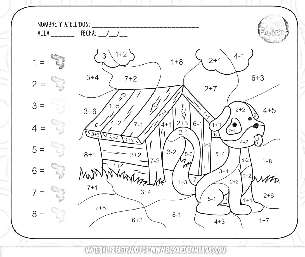 Раскраска Собака и будка с математическими примерами