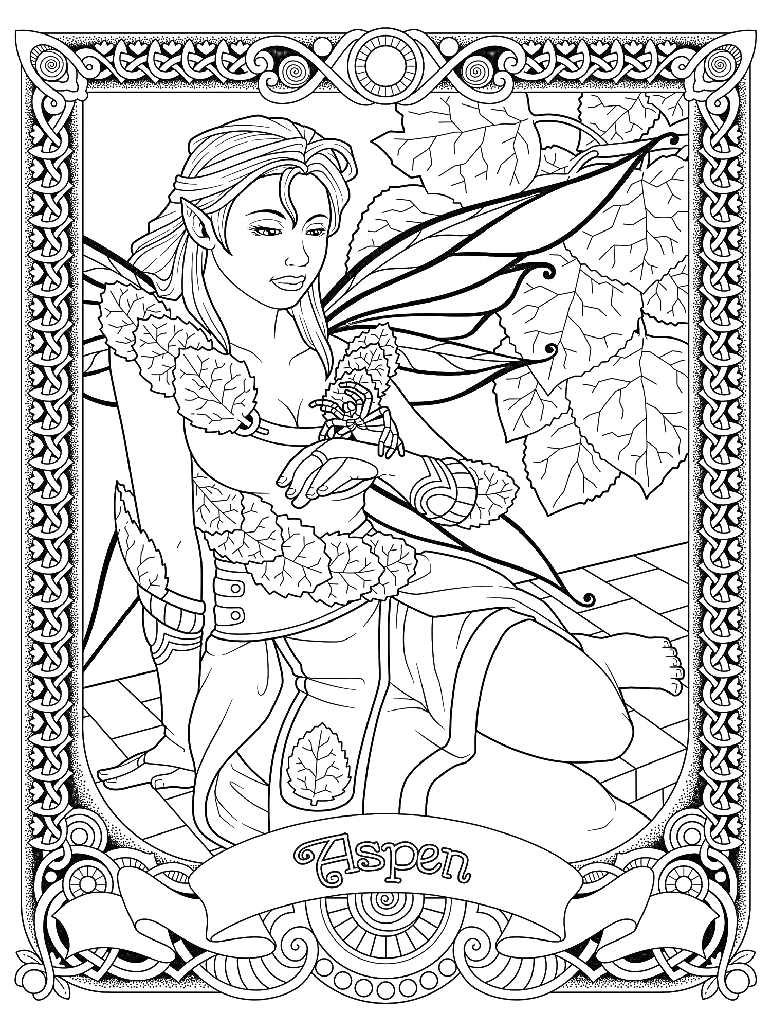 Раскраска Фея среди листьев с крыльями и рамкой