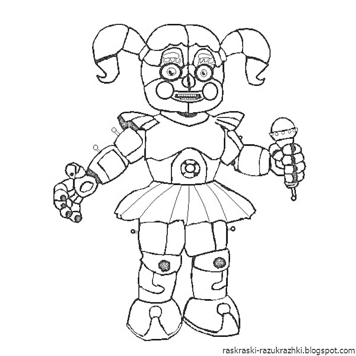 Раскраска Роботы-аниматроники с микрофоном и куклой