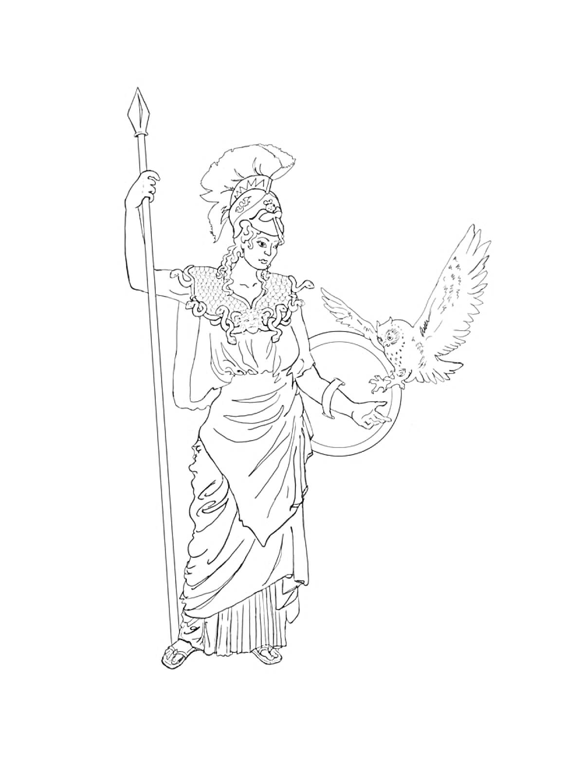 Раскраска Богиня с копьем, в шлеме, с совой на руках