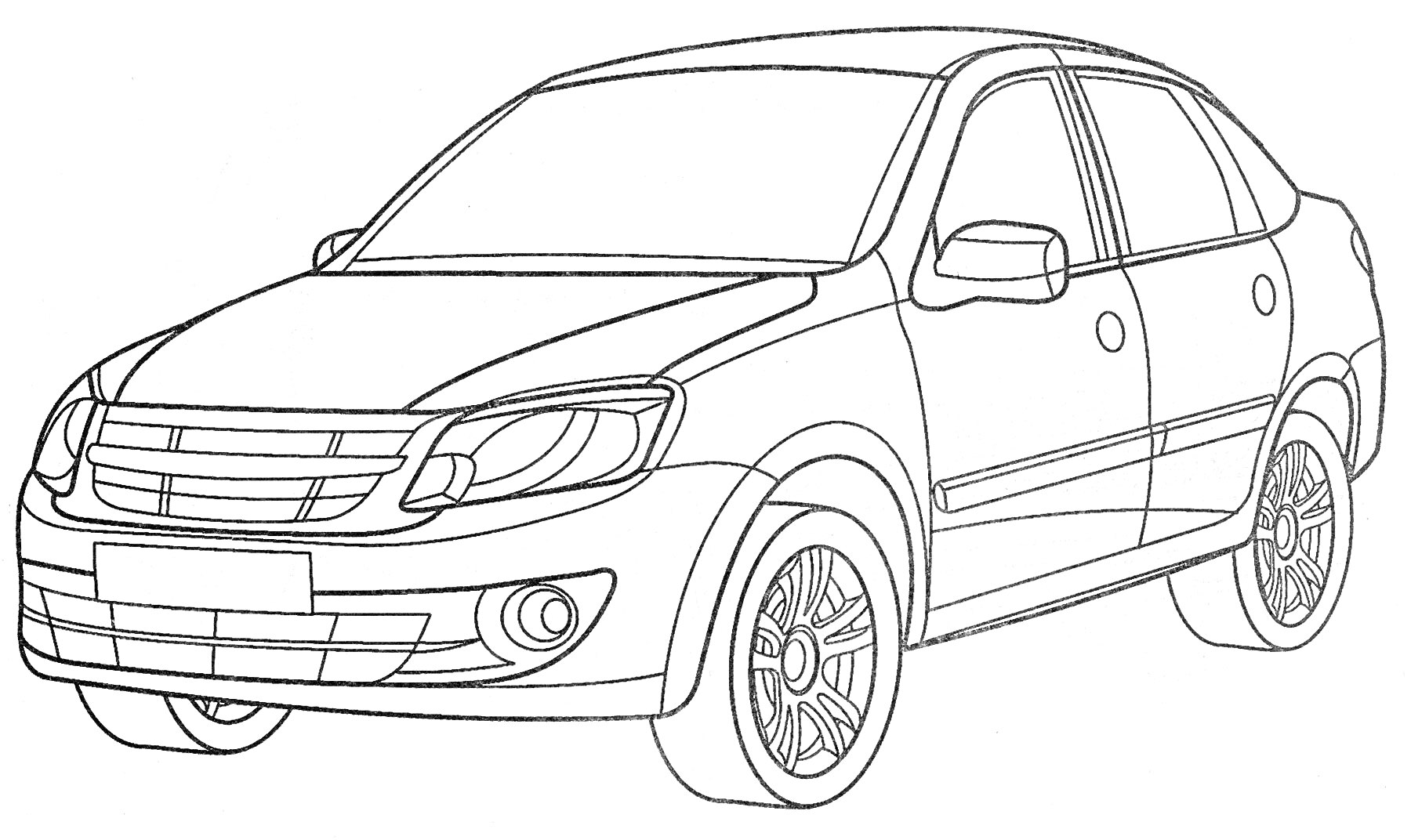 Лада - легковой автомобиль с характерными колесами, бамперами и фарами, боковые зеркала и дверные ручки