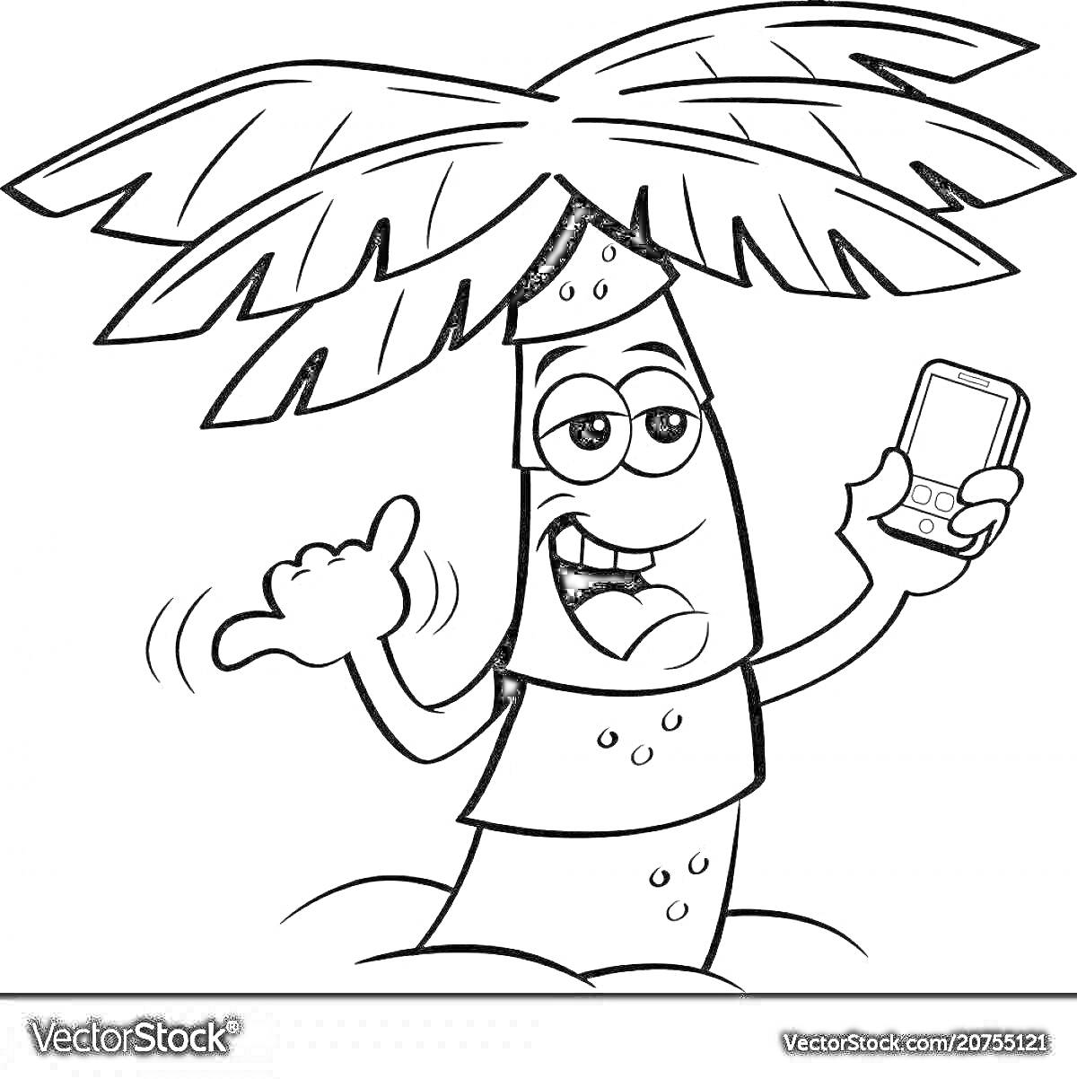 Раскраска мультипликационный финик с листьями пальмы, держащий телефон, и улыбающийся