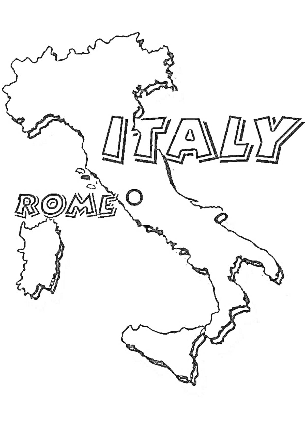 Раскраска Контур карты Италии с подписью 