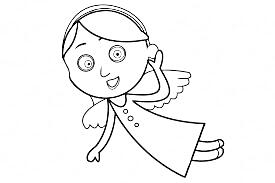 Раскраска Летящий ангелочек с повязкой на голове, в платье с пуговицами и с крыльями за спиной