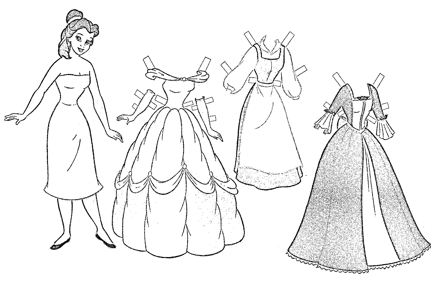 На раскраске изображено: Девочка, Бумажная кукла, Пышное платье, Наряд, Платье