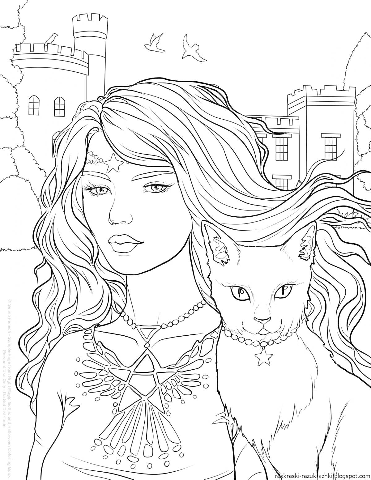 Раскраска Девушка с длинными волосами и кошка на фоне замка и деревьев