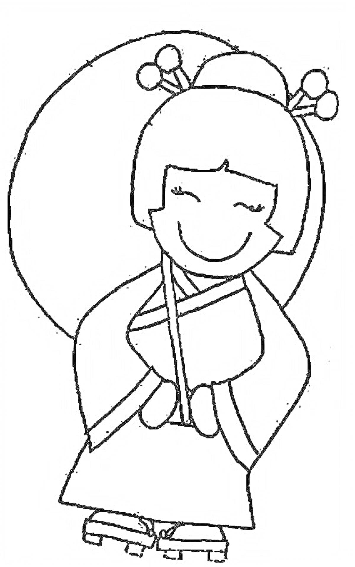 Раскраска девочка в кимоно с прической и веером