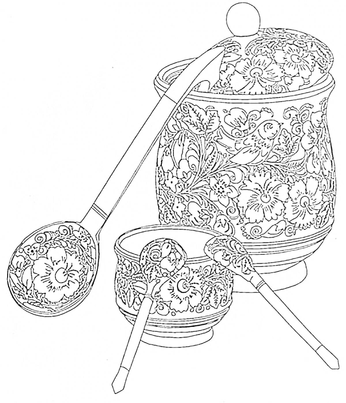 Раскраска Большая посуда с крышкой, ковшиком и двумя ложками в стиле Хохлома