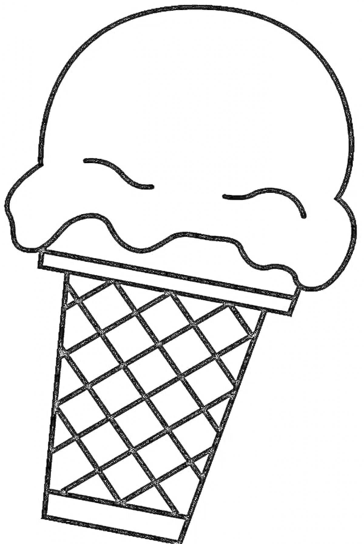 На раскраске изображено: Мороженое, Вафельный рожок, Еда, Лето, Для детей, Сладости, Десерты