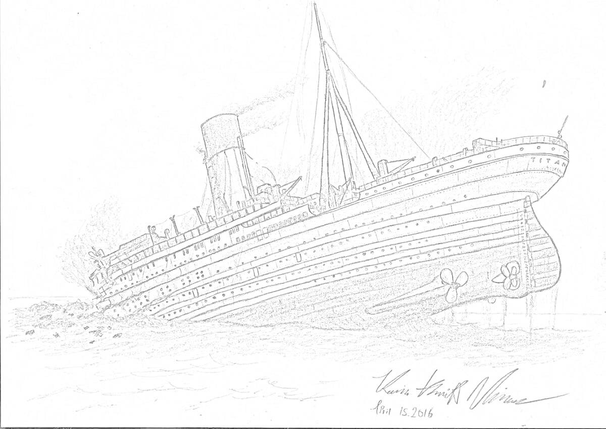 На раскраске изображено: Титаник, Тонущий корабль, Наклон, Море, Пейзаж, Набросок