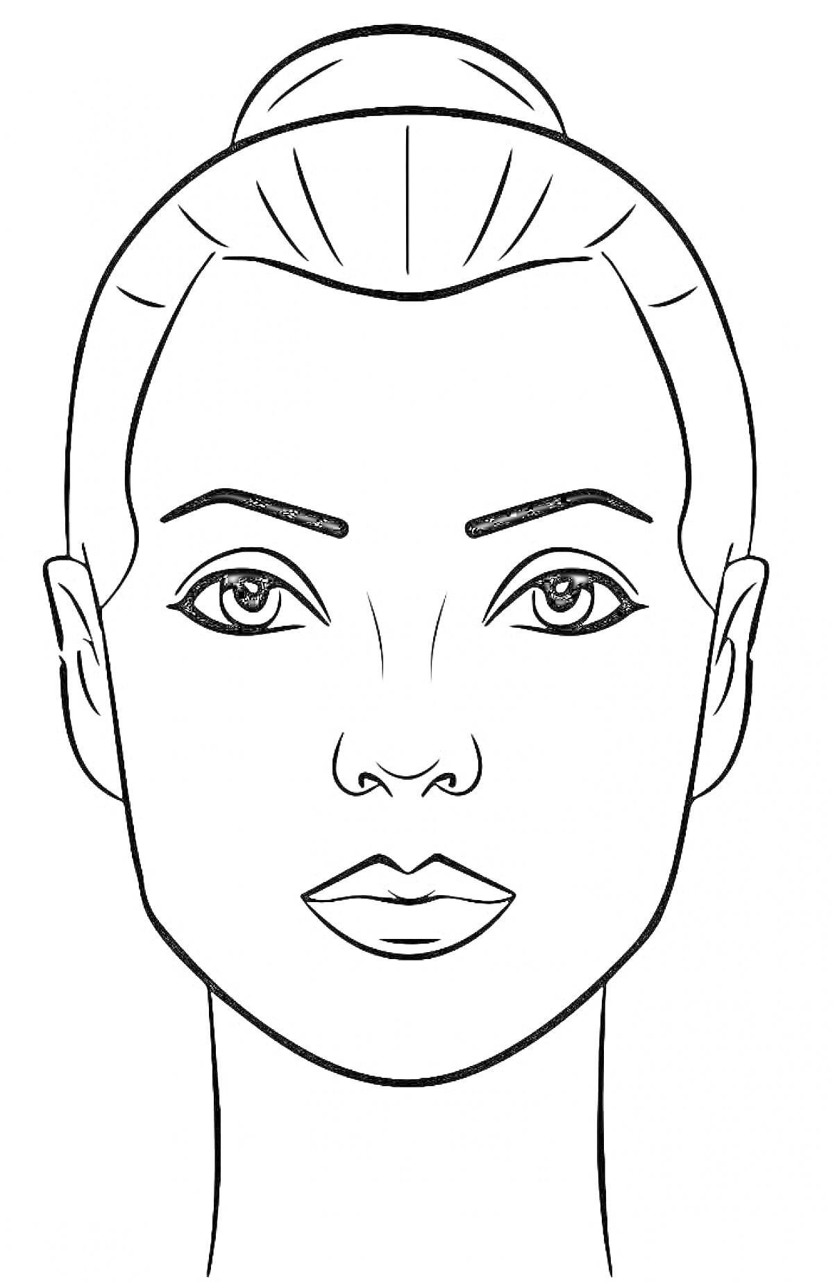 Раскраска Лицо для макияжа с собранными волосами, выразительными глазами, ровными бровями и аккуратными губами.