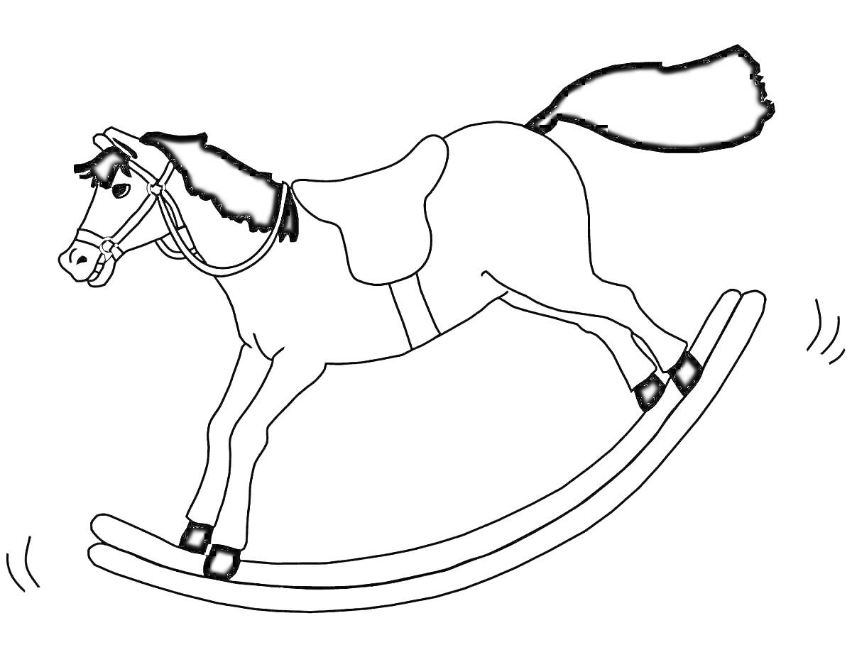 На раскраске изображено: Лошадка-качалка, Лошадь, Качалка, Седло, Сбруя, Качание