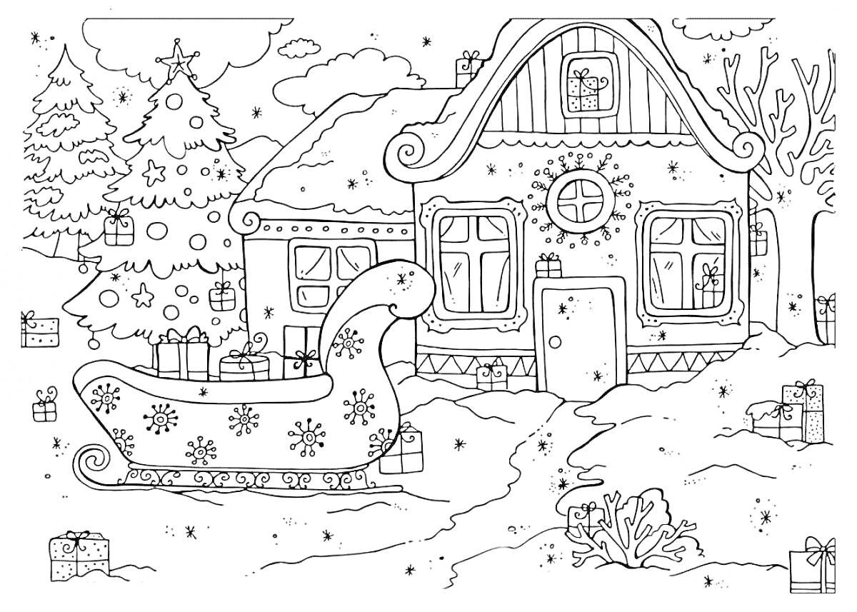 На раскраске изображено: Подарки, Новогодняя ёлка, Снег, Зимний пейзаж, Рождественский декор, Окна, Крыша, Снегопад, Кусты, Деревья, Зима, Дверь, Сани