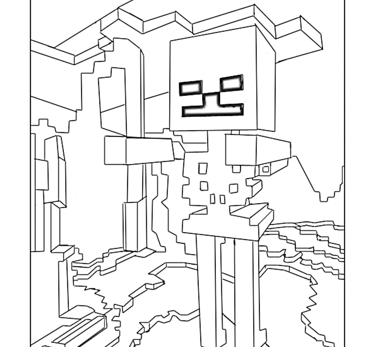На раскраске изображено: Майнкрафт, Скелет, Пещера, Пиксельная графика, Игра, Трещины, Фон, Кубы