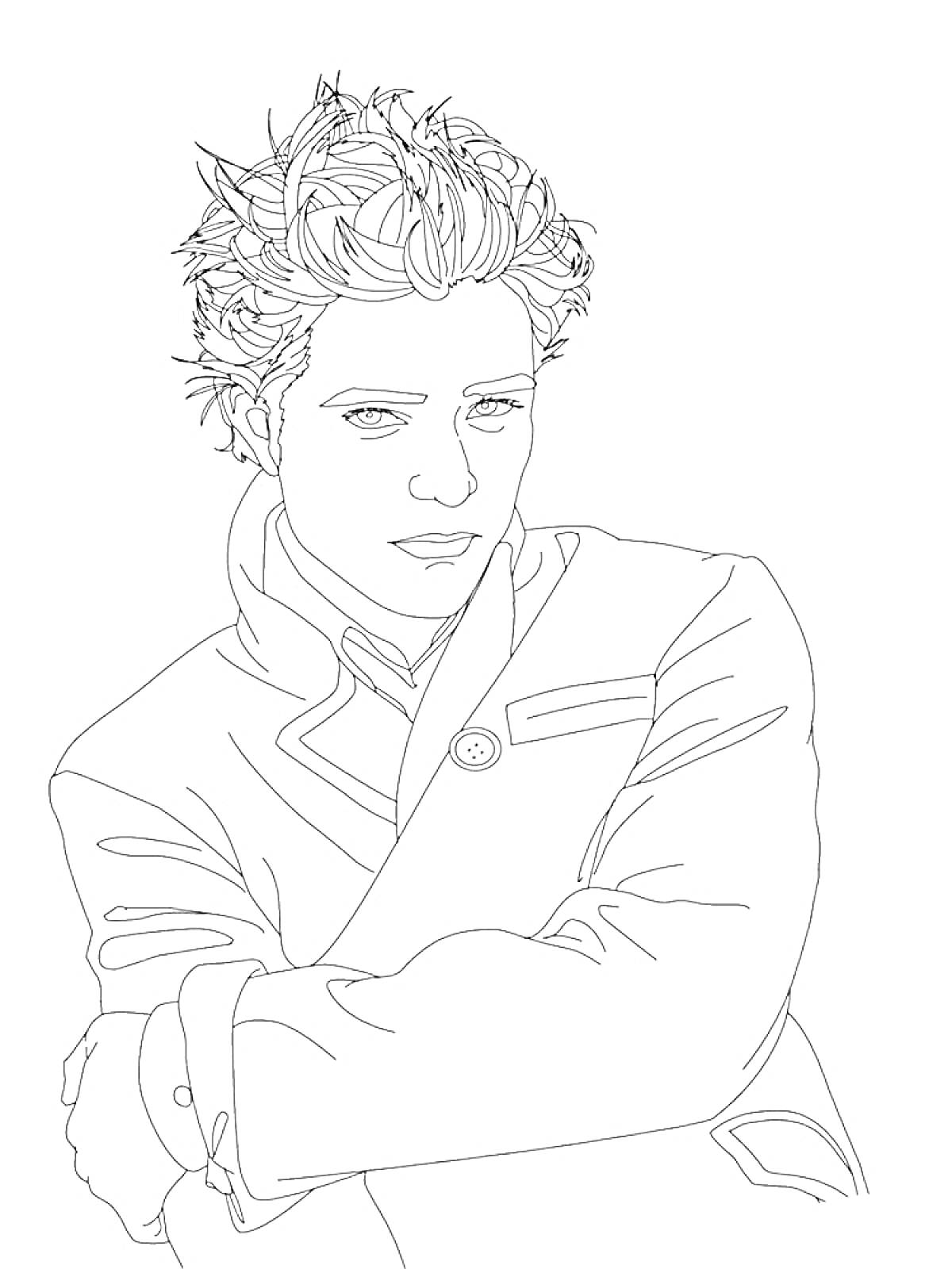 Раскраска Портрет молодого мужчины с небрежными волосами и строгой куртке