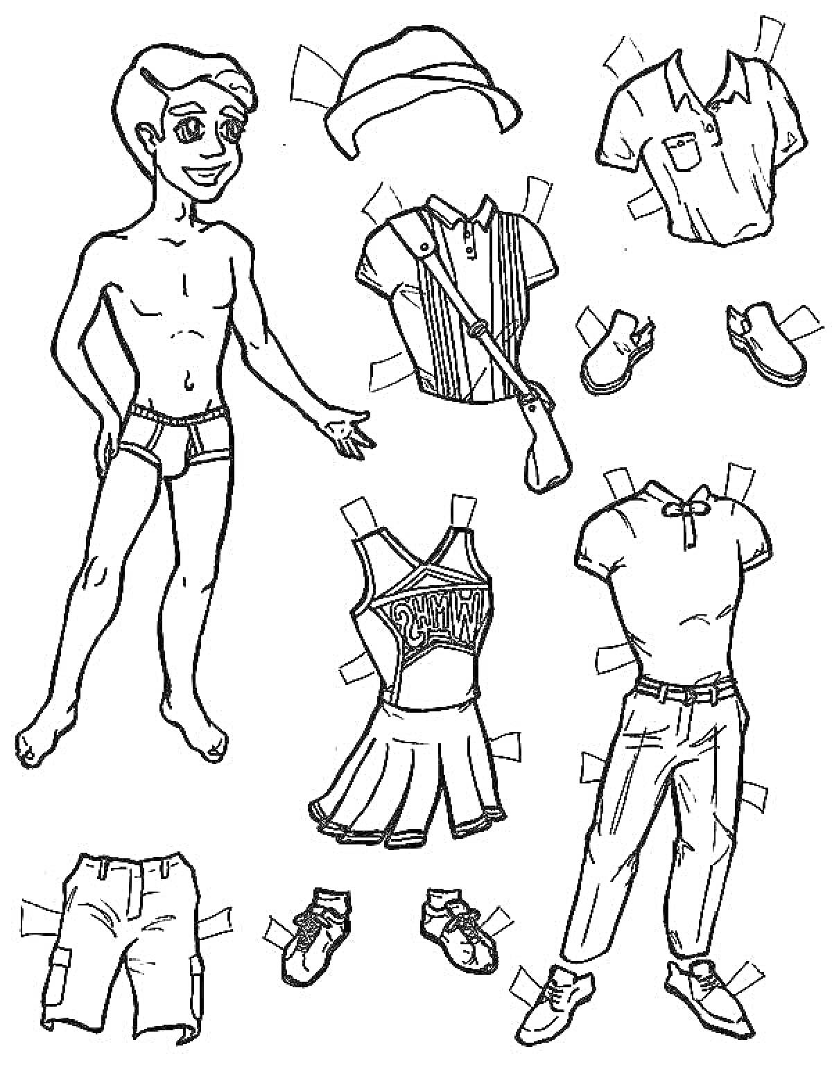 Раскраска Человек с одеждой: головной убор, рубашка с короткими рукавами, рубашка поло, шорты, брюки, кроссовки, платье, футболка, сандалии