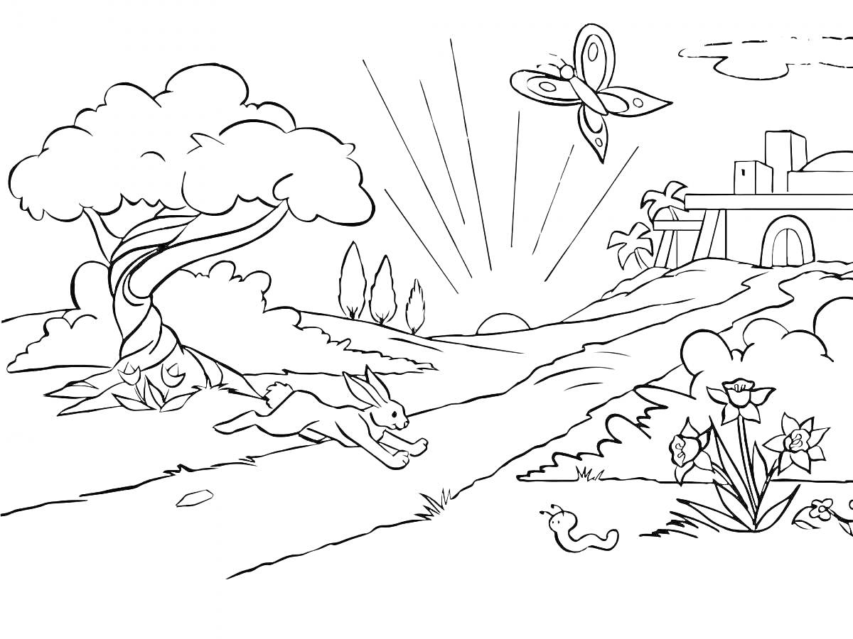 Раскраска Рассвет в деревне с зайцем, бабочкой, деревом и цветами
