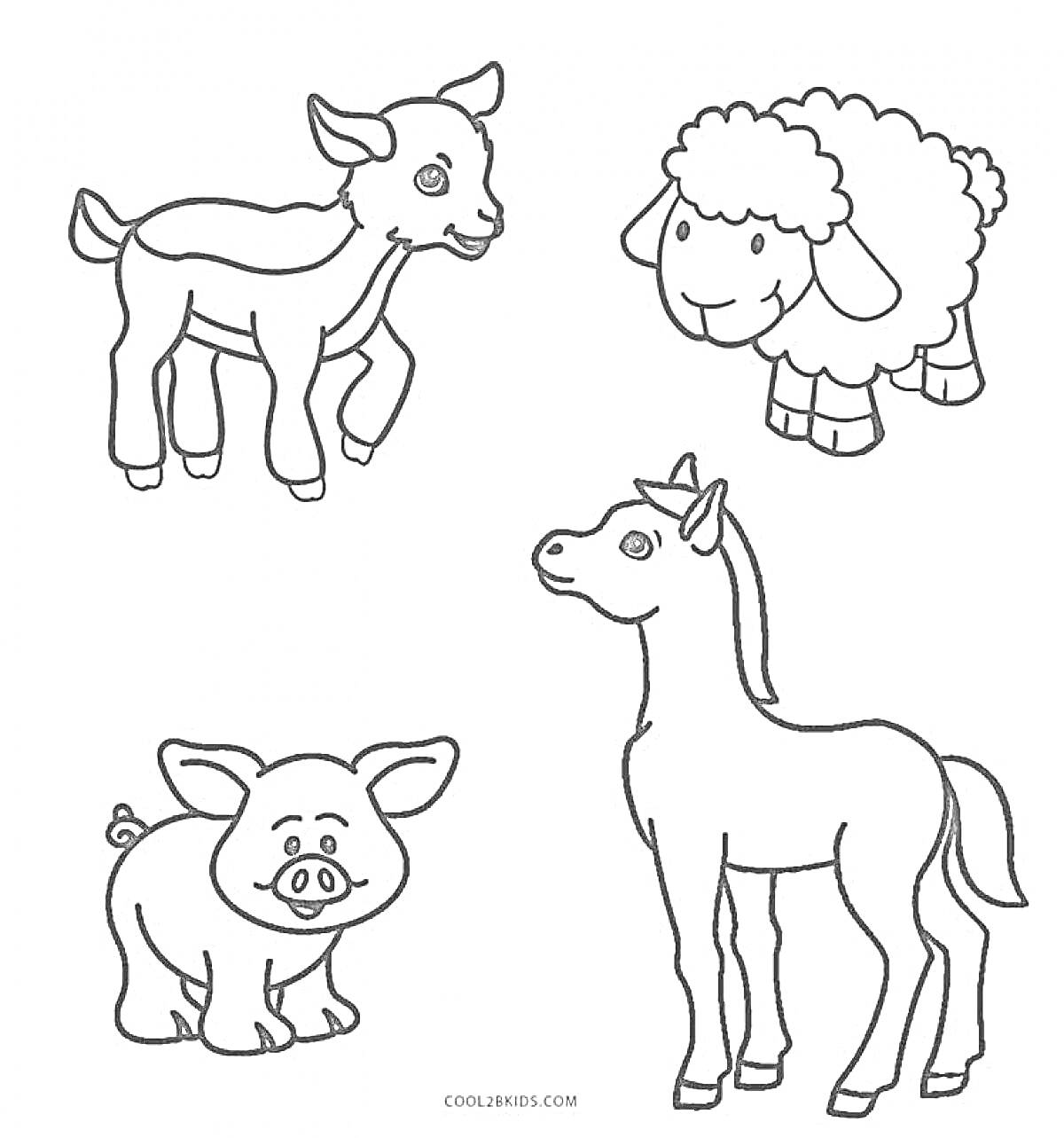 Раскраска Детская раскраска с изображением козленка, овечки, поросенка и жеребенка