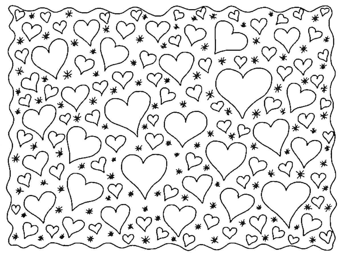 Раскраска Сердечки разных размеров, окруженные звездами и точками, в волнистой рамке