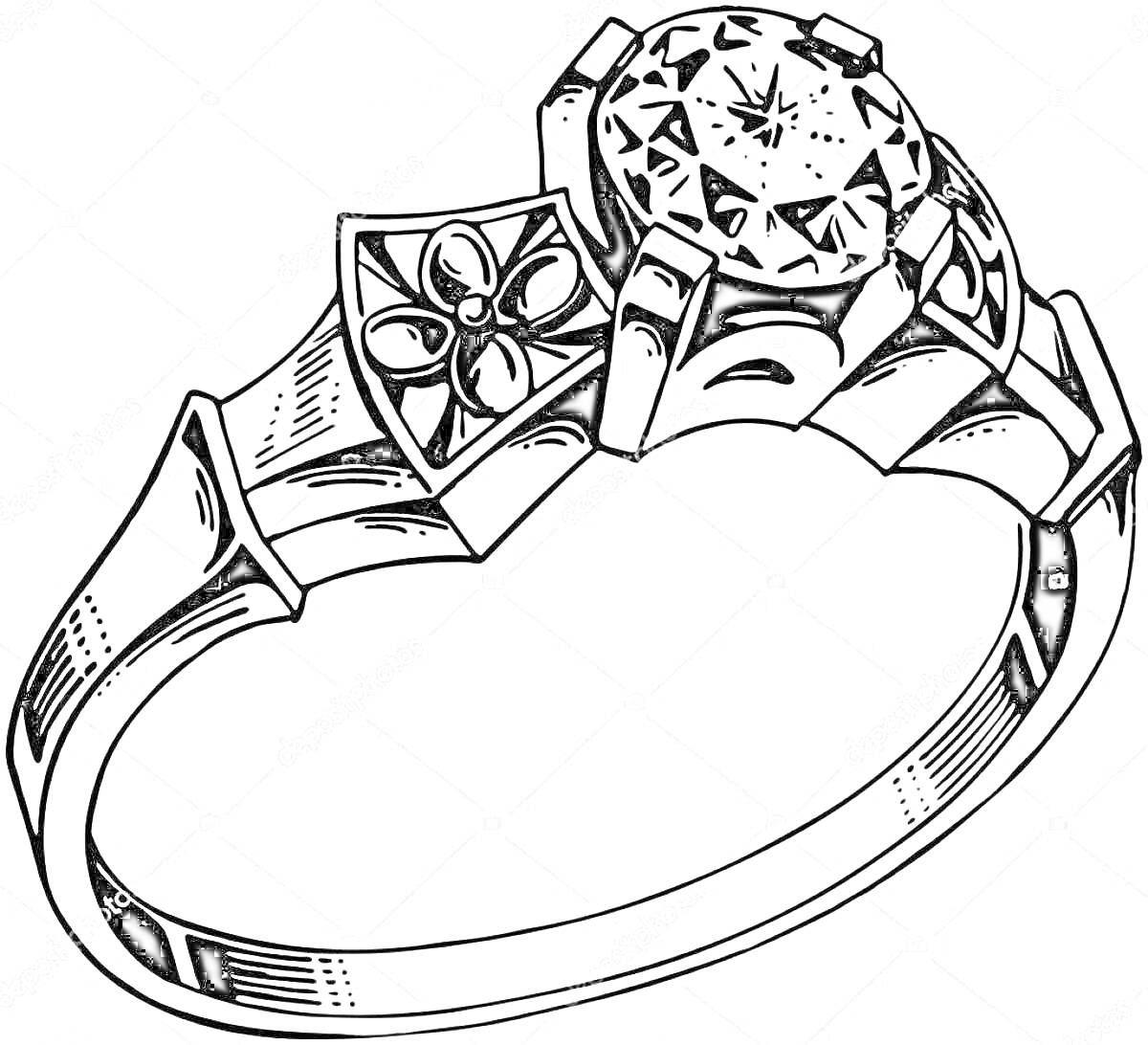 На раскраске изображено: Кольцо, Обручальное кольцо, Алмаз, Цветочный узор