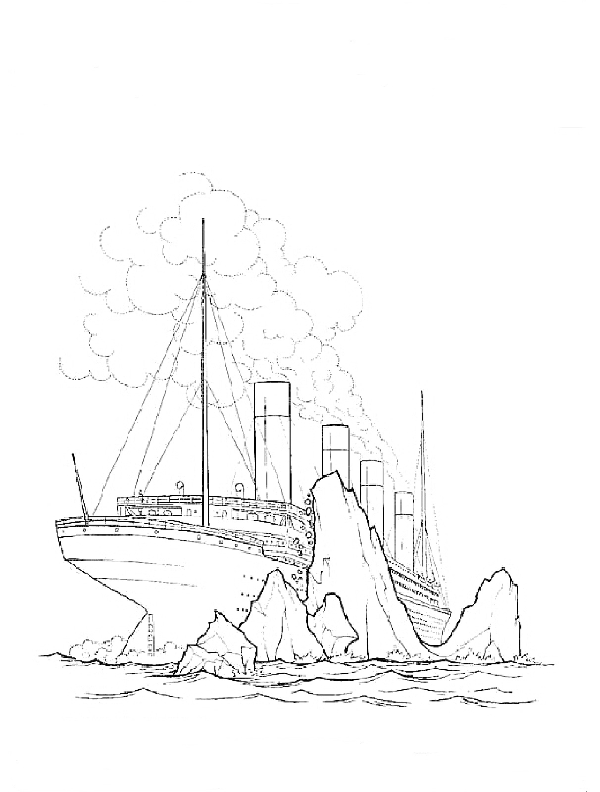 Раскраска Титаник, сталкивающийся с айсбергом, с трубами и дымом, на фоне воды и облаков