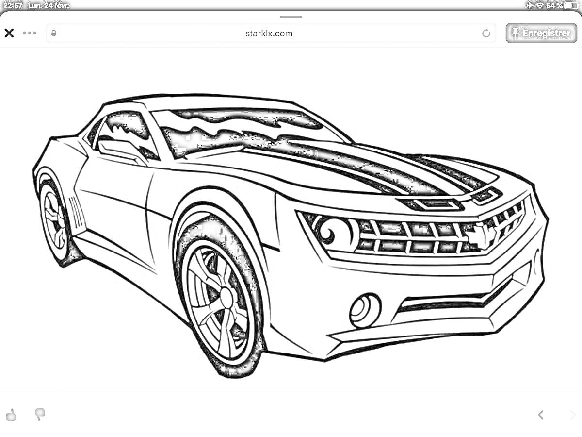 Раскраска Шевроле Камаро в стиле Бамблби с продольными полосами и спортивным дизайном