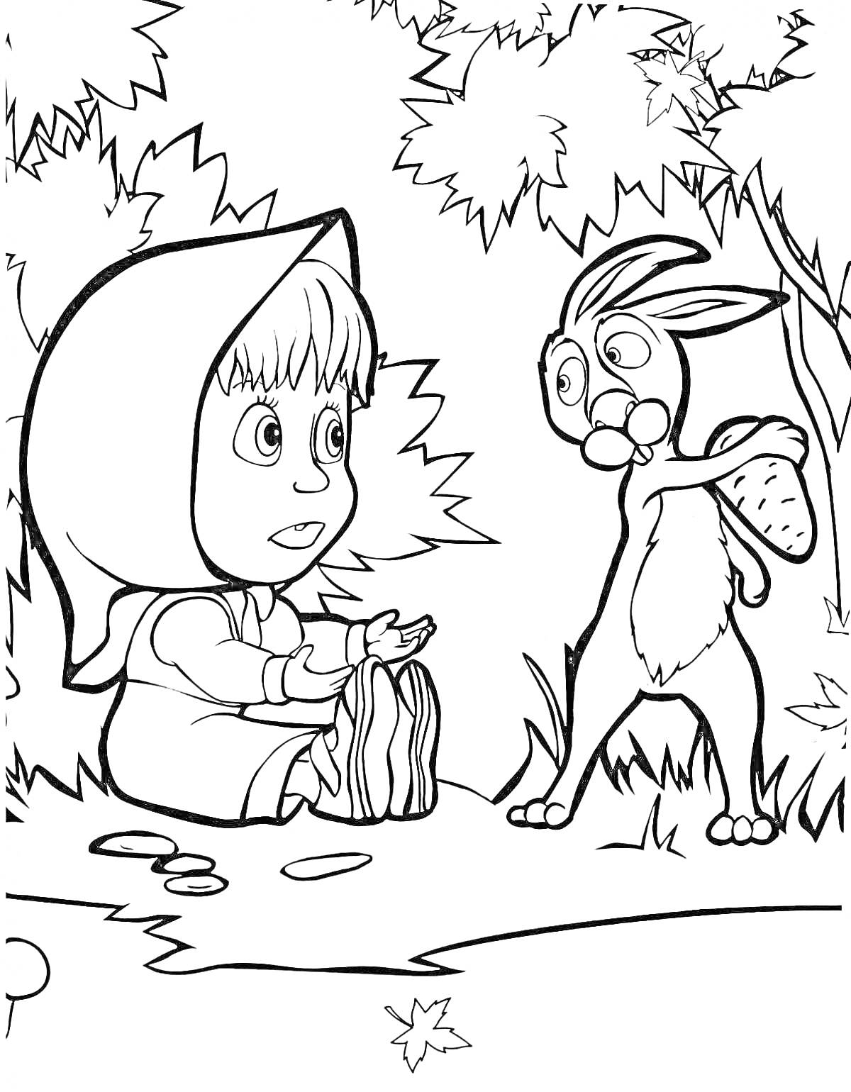 Раскраска Маша и кролик с морковкой в лесу