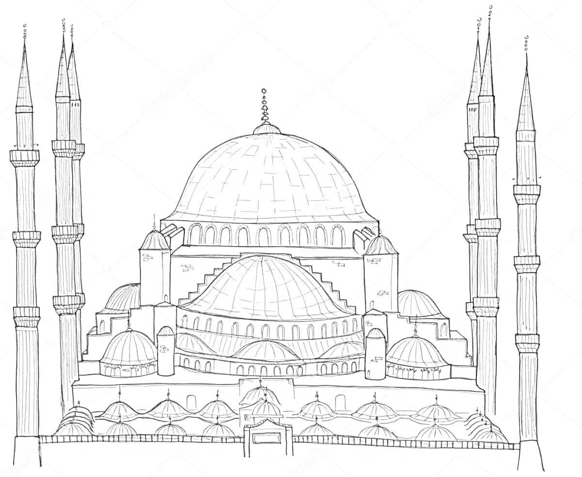 Раскраска Султанахмет (Голубая мечеть) с шестью минаретами и куполами
