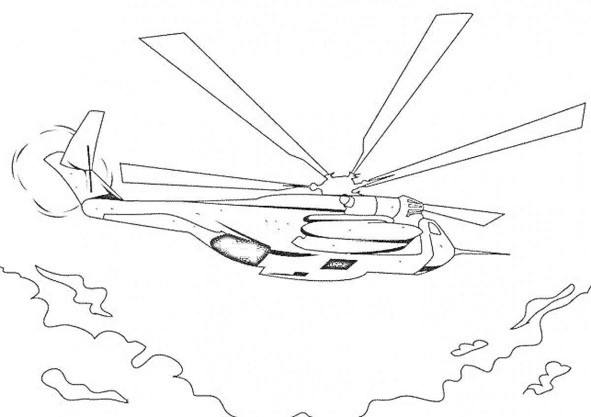 На раскраске изображено: Вертолет, Небо, Облака, Лопасти, Военная техника, Авиация, Линии