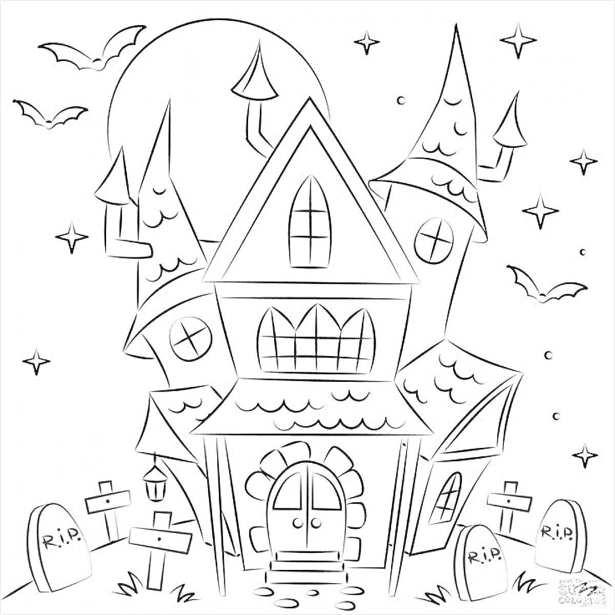 На раскраске изображено: Дом, Привидения, Луна, Звезды, Надгробия, Хэллоуин, Старый дом
