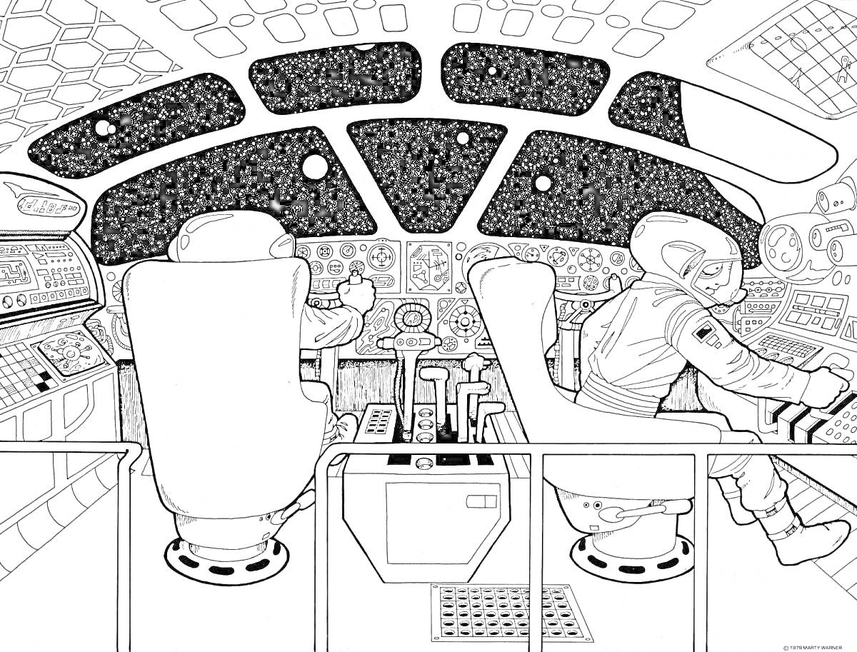 Раскраска Космическая рубка управления, два космонавта и приборная панель с окнами вида на космос