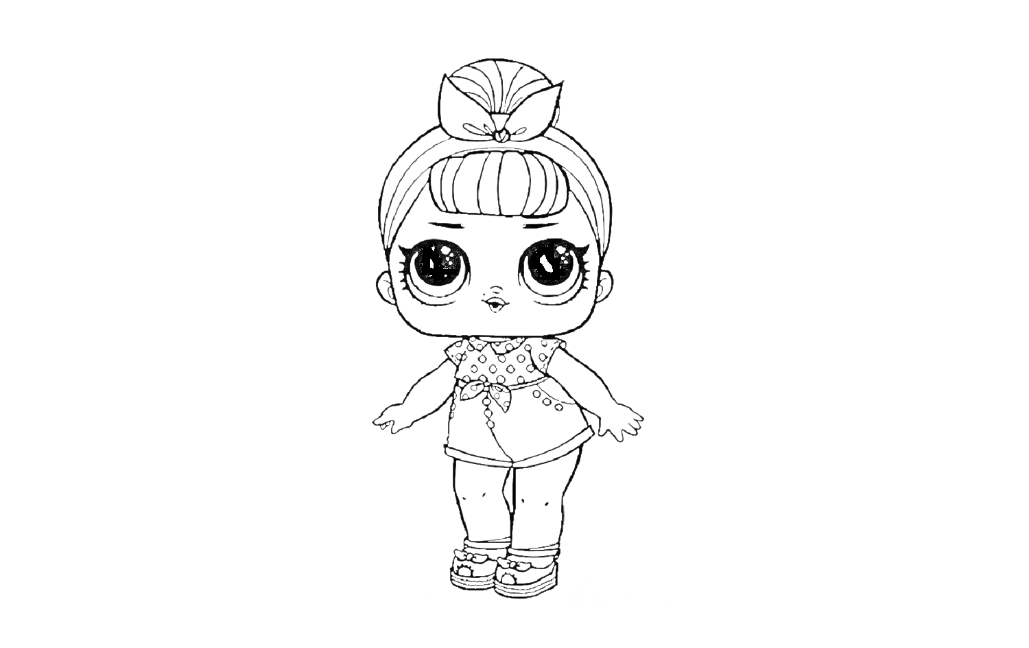 Раскраска Кукла Лол с широкой повязкой на голове, в платье с короткими рукавами и босоножках