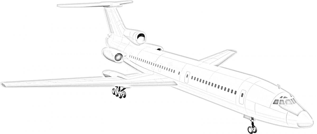 Раскраска Рисунок советского пассажирского самолета Ту-154 с тремя двигателями на хвосте, крыльевым оперением и шасси