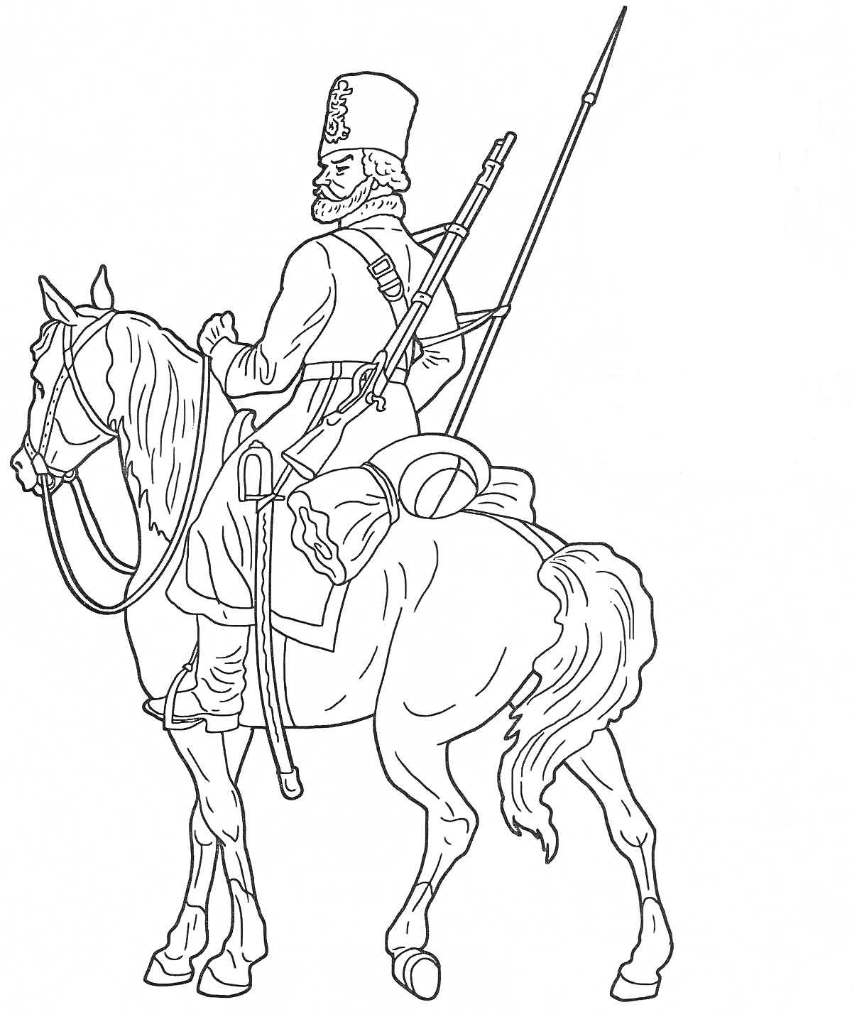 Раскраска Казак верхом на лошади с ружьем и саблей