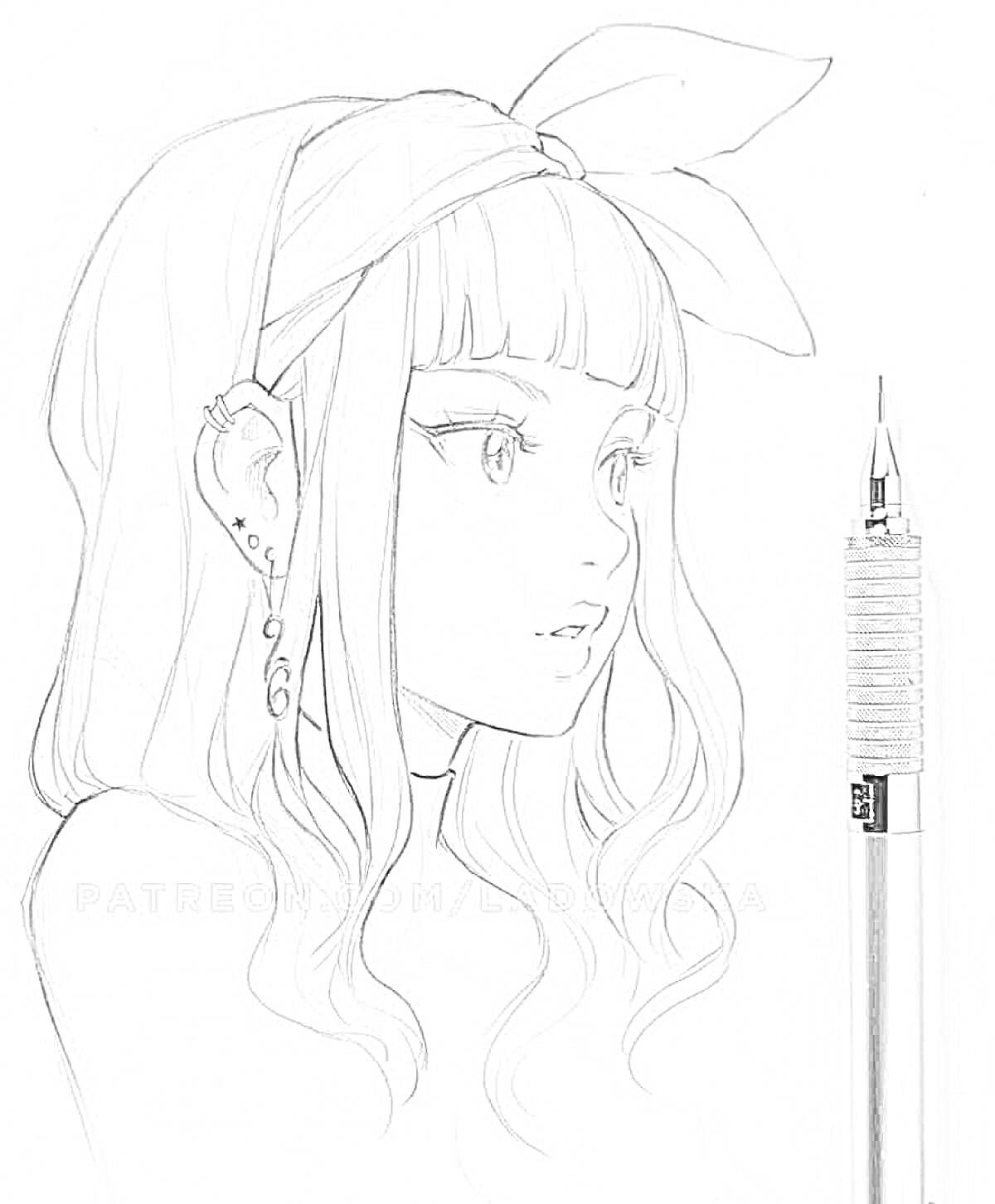 Раскраска Портрет девушки с длинными волосами, повязкой и украшениями, рядом механический карандаш