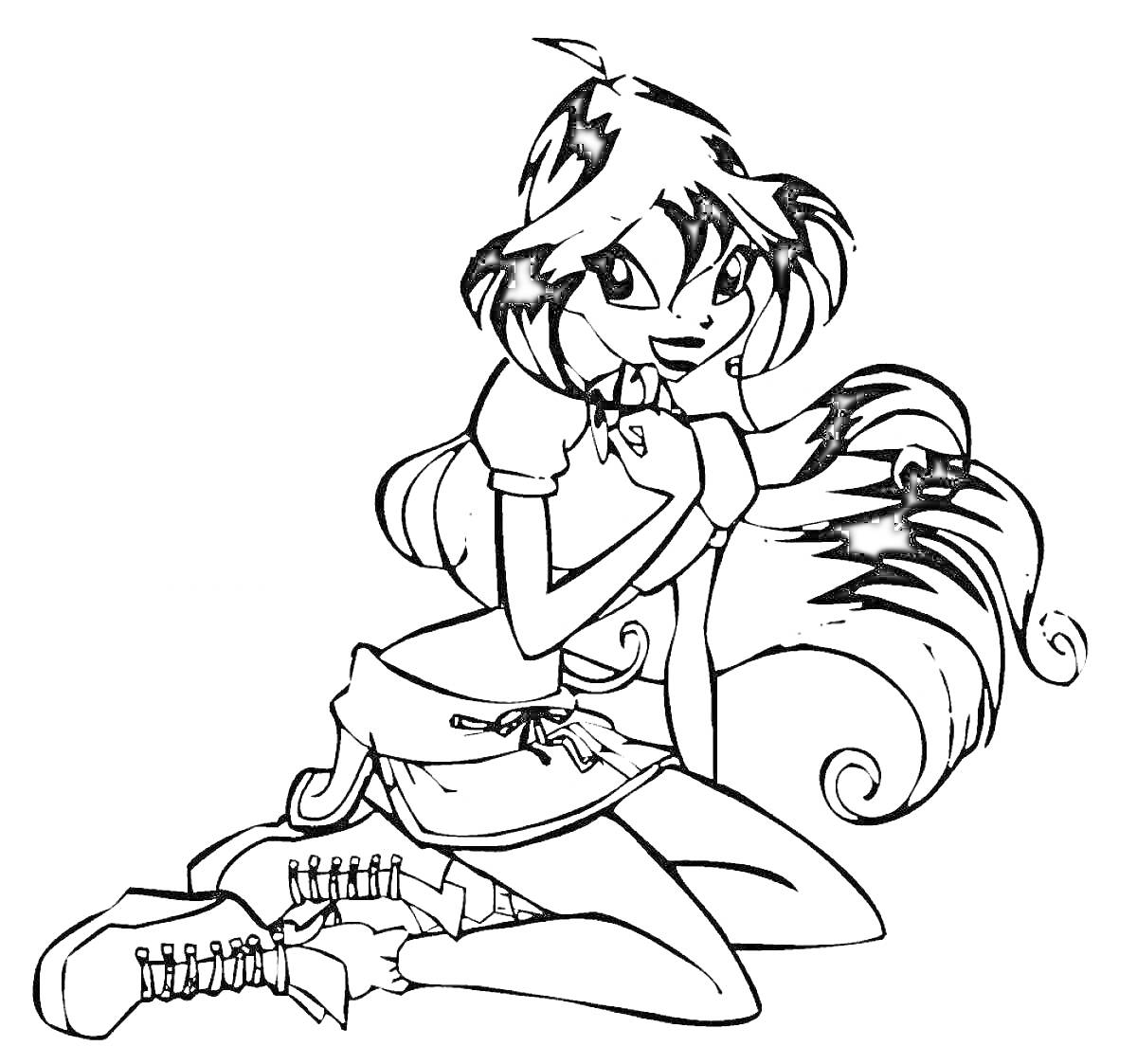 Раскраска Девушка с длинными распущенными волосами, в рубашке и юбке, сидит на коленях