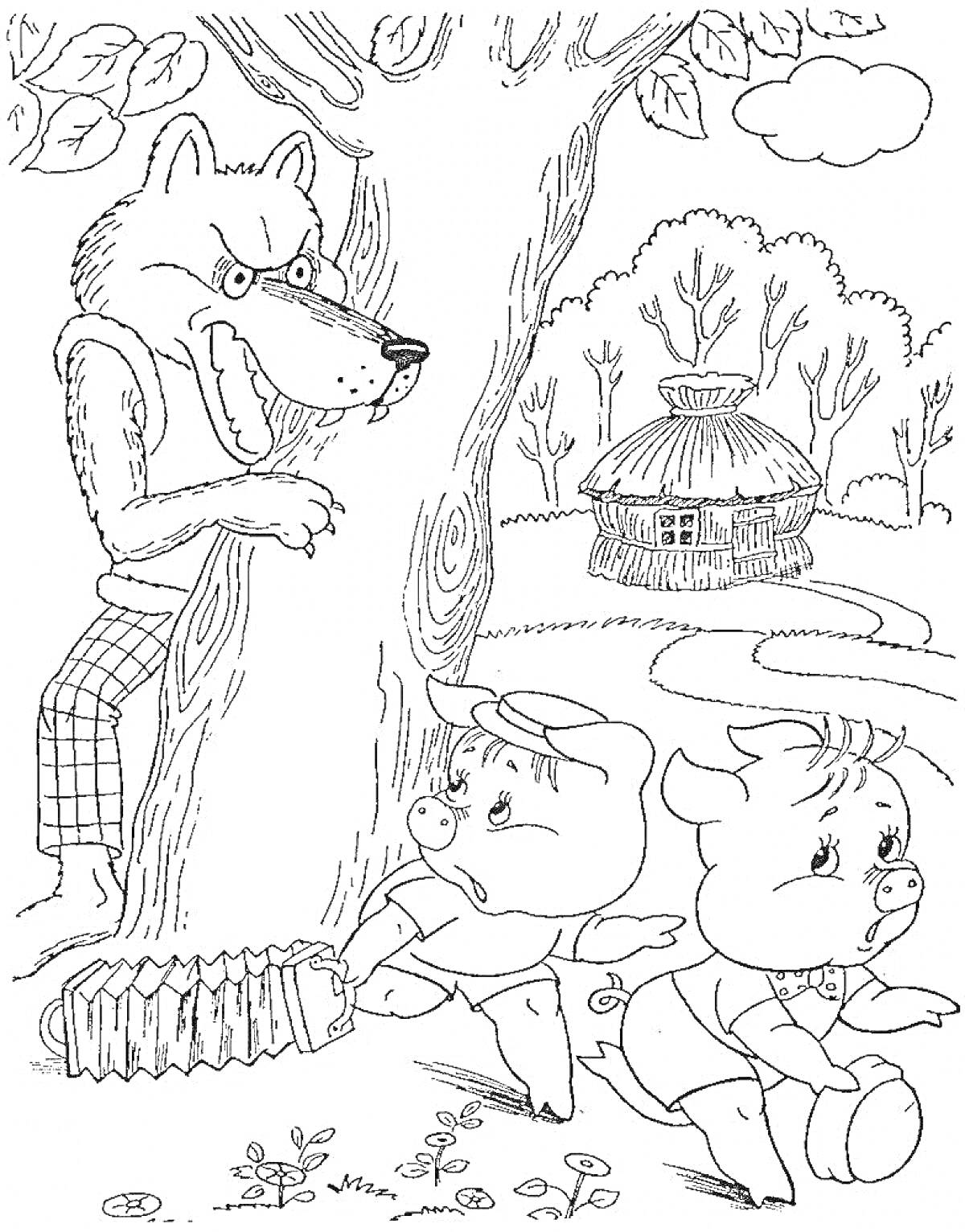 На раскраске изображено: Волк, Поросята, Домик, Погоня, Природа