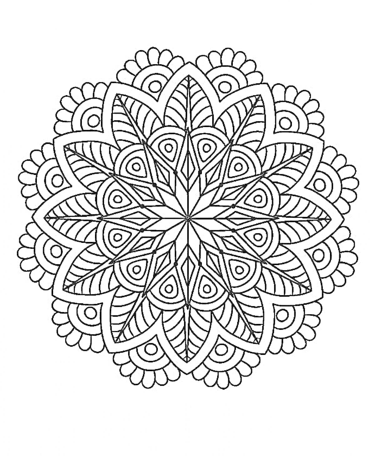 Раскраска Мандала с лепестками, волнистыми линиями и цветочными узорами