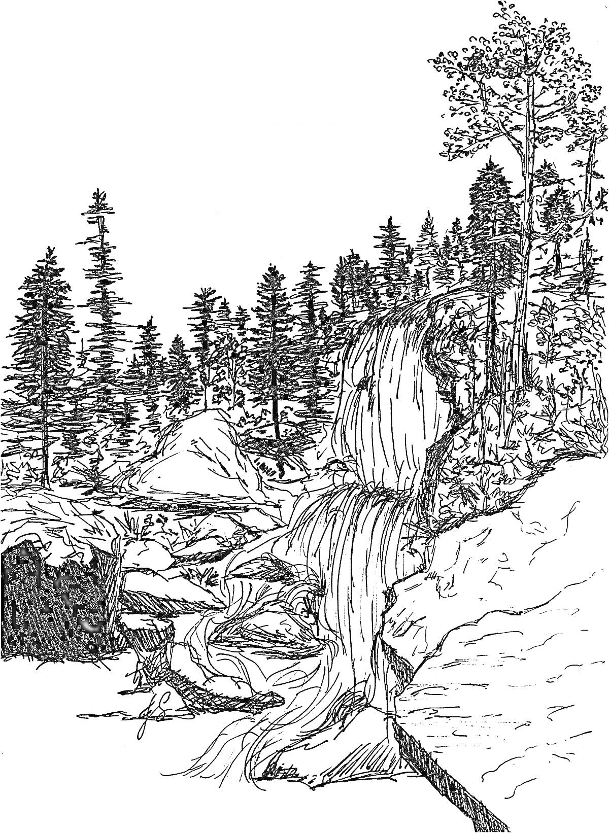 На раскраске изображено: Карелия, Лес, Водопад, Природа, Деревья, Скалы, Река, Ручей