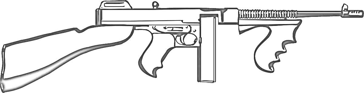 На раскраске изображено: Томпсон, Оружие, Автомат, Магазин, Приклад, Ствол, Пистолетная рукоятка