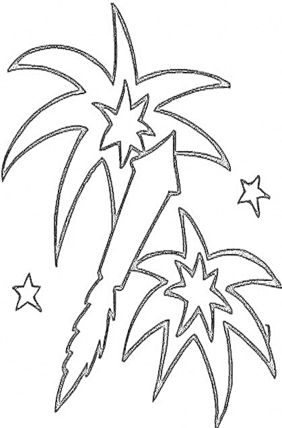 На раскраске изображено: Салют, Звезды, Фейерверк, Для детей, Ракета